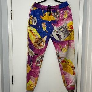 Colorful Taco Cat Print Draw String Jogger Pants Pockets Size L